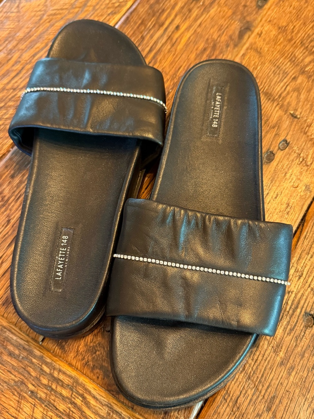 Lafayette 148 New York Black Slide Sandals with Rhinestone Trim